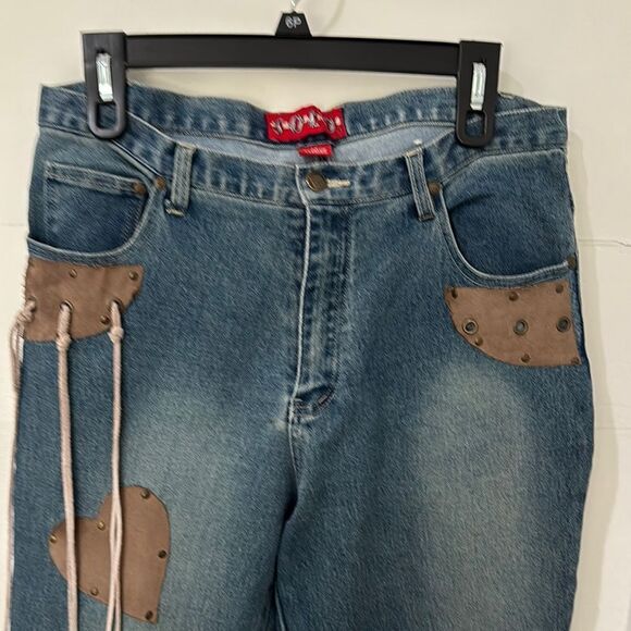 Rare Solo Blue and Brown Flare Jeans with Unique Patchwork Size 12 - Picture 2 of 8